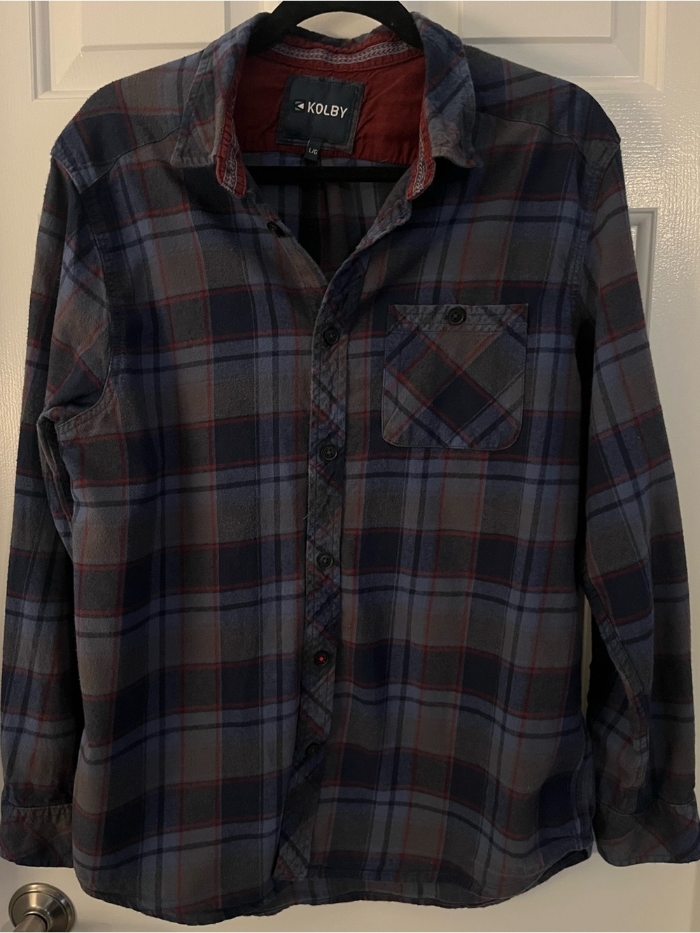 Kolby Men’s Navy & Gray & Burgundy Plaid Button-Up Shirt Size Large